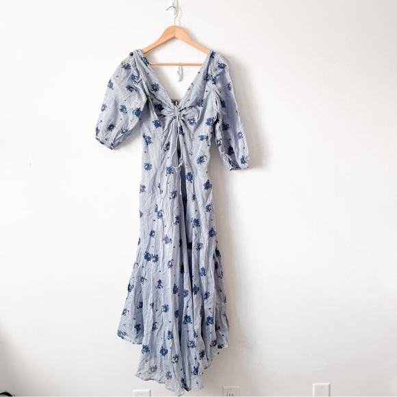 Free People Sea Glass Floral Puff Sleeve Midi Dress Blue Combo Sz 4 (S/M) - Picture 6 of 10